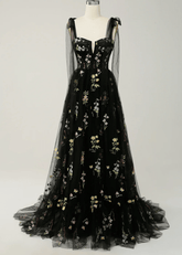 Isabel | Embroidery Corset Black Floral Long Prom Dress - Price #price_variant_lowest# - Black Floral - PromDressClub